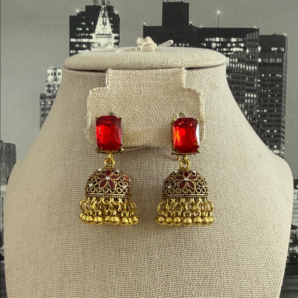 Elegant Gold and Red Jhumka Earrings